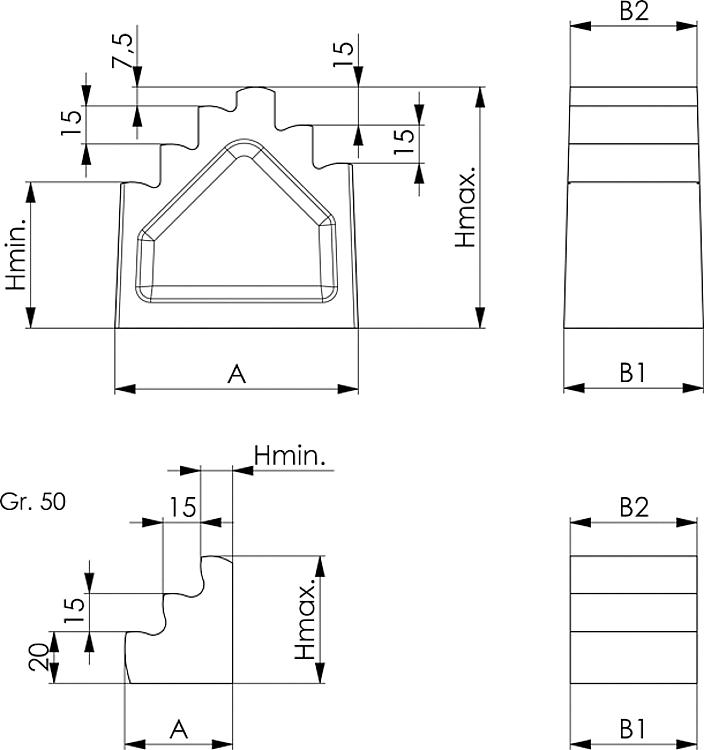 AMF 6318- 50 Treppenböcke, Größe : 50, H min.: 12,5, H max.: 50, A: 42,5 - DIN 6318 Treppenboecke -Skizze