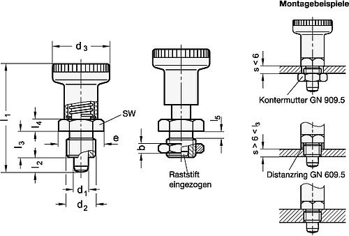 Ganter 607-6-A-NI EDELSTAHL RASTBOLZEN - GN 607 Rastbolzen - Edelstahl - Kunststoff Knopf-Skizze