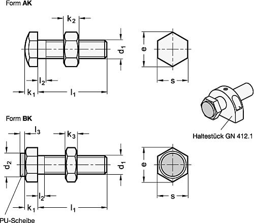Ganter 251-M10-20-BK ANSCHLAGSCHRAUBE MIT PU SCHEIBE UND KONTERMUTTER - GN 251 Anschlagschrauben - Form BK-Skizze