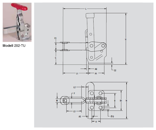 DESTACO 202-B Vertikal-Kniehebelspanner Haltekraft 1100 N - 2000 N, Öffnungswinkel 100° - 105° - 202-TU Vertikalspanner - T-Handgriff - U-Spannarm - Fuss abgewinkelt