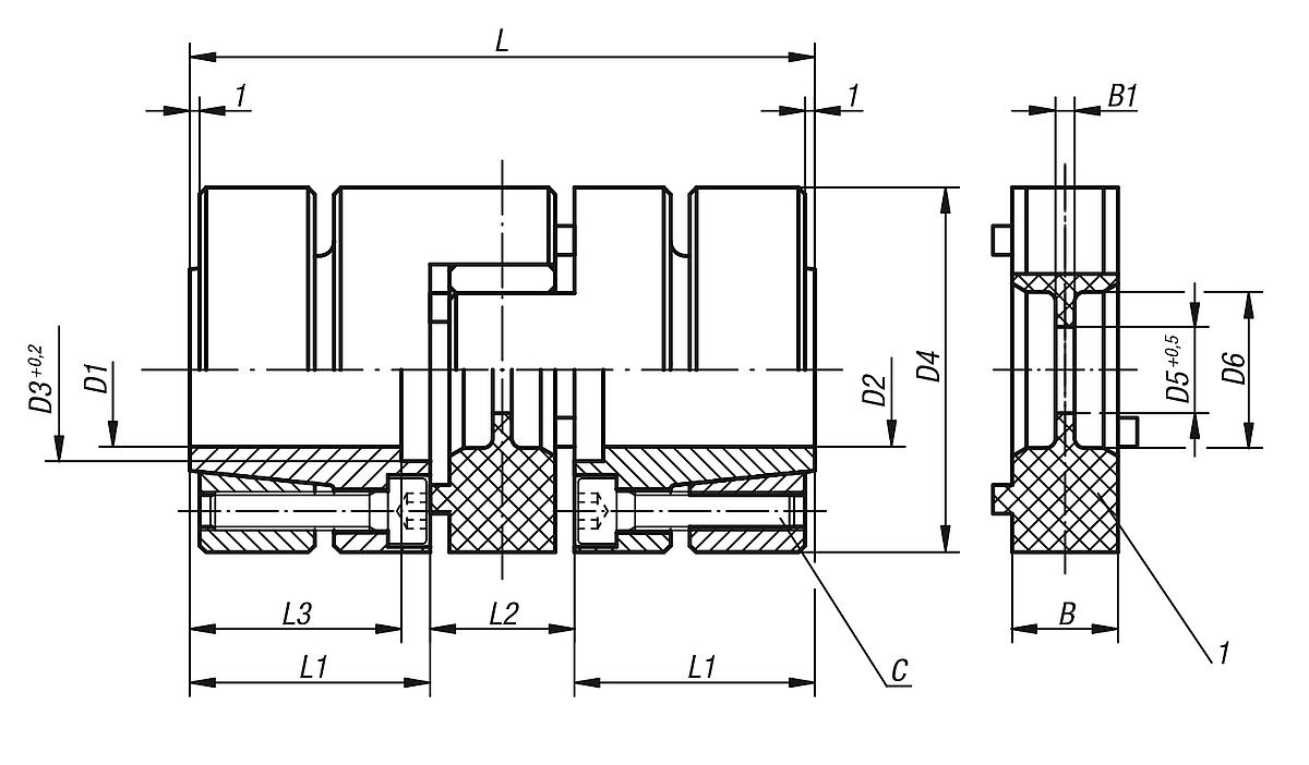 Norelem 23021-700 ELASTOMER KLAUENKUPPLUNG, GR. 700, VORGEBOHRT D1+D2=24 - NLM 23021 Elastomer Klauenkupplungen-Konusnabe-Spannring -aehnlich DIN 69002- -Massblatt