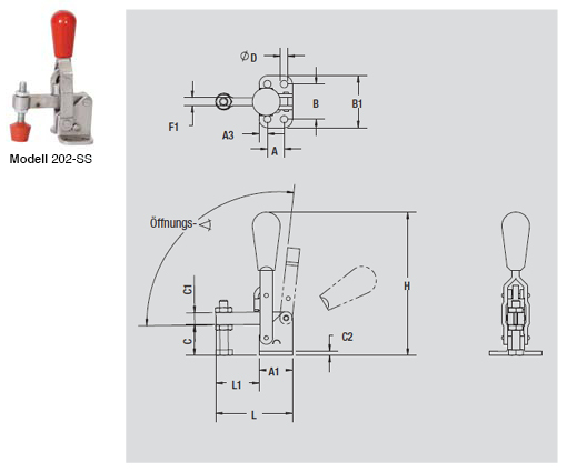 DESTACO 202-B Vertikal-Kniehebelspanner Haltekraft 1100 N - 2000 N, Öffnungswinkel 100° - 105° - 202-SS Vertikalspanner - massiver Spannnarm - Fuss abgewinkelt - Edelstahlausfuehrung