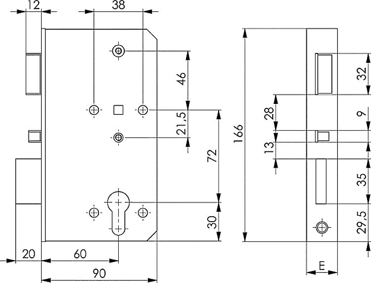 AMF 142PS-40PZW DIN R Selbstverriegelndes Schloss, verzinkt, für Kastenbreite: 40 mm, Türrichtung: DIN R, E: 33 mm - LE 142PS Selbstverriegelndes Schloss - verzinkt-Skizze