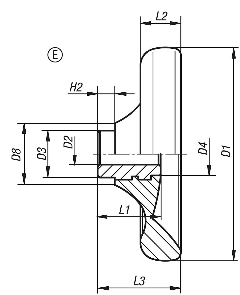 Norelem 06288-1100X10 SCHEIBENHANDRAD OHNE GRIFF, FORM E, D=100, D1=10 - NLM 06288-E Scheibenhandraeder ohne Griff - Buchse Stahl - Form E - Massblatt