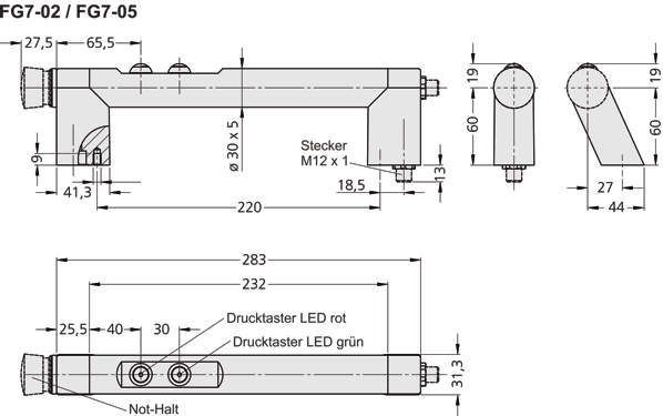 Leschhorn FG7-05.RC220.04   Funktionsgriffe Anschluß C rechts, A 220,  Griff mit 2 Taster u. Not-Halt - Zeichnung FG7-02 und FG7-05 Funktionsgriffe - zwei Drucktaster - mit oder ohne Nothalt-Schalter
