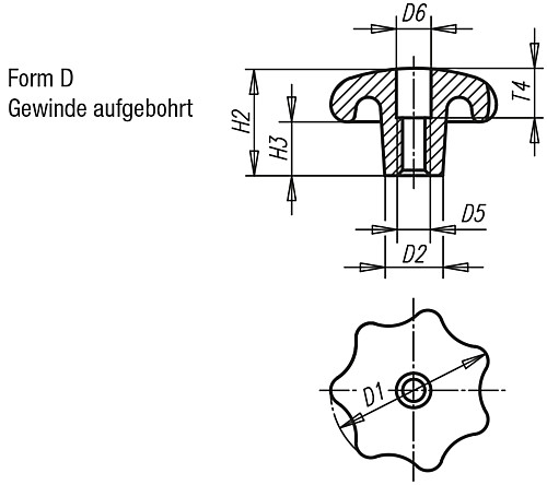 Norelem 06192-480162 STERNGRIFF FORM D, D1=80, D5=M16, ALU, POLIERT - Norelem 06192-D Sterngriffe aehnlich DIN 6336 aus Aluminium - Form D