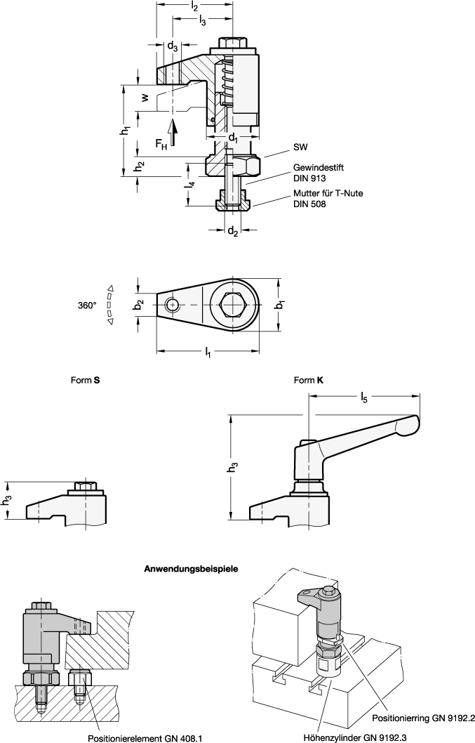 Ganter 9192-25-5-K  Aufsitzspanner, Stahl, d1: 25, w Hub: 5, Form: K - mit verstellbarem Klemmhebel mit Spannkraftverstärkung - GN 9192 Aufsitzspanner - Stahl - Massblatt
