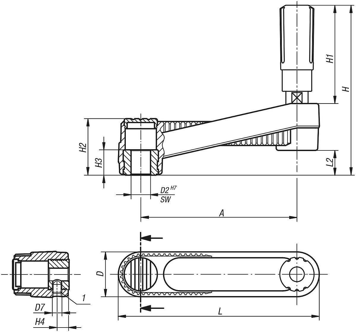 Kipp K0659.321204 NOVO.GRIP HANDKURBEL ZYL.GRIFF DREHBAR, GR.2, A=100, D=12H7 - K0659-PBMN Handkurbeln mit Zylindergriff drehbar - Passbohrung mit Nut - Massblatt