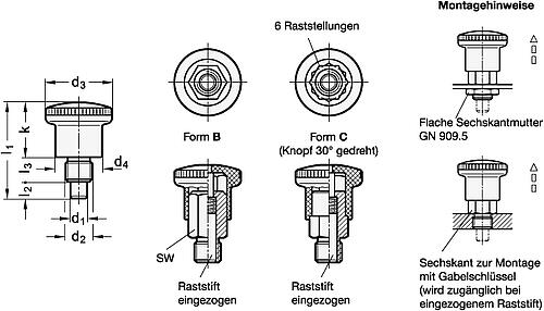 Ganter 822.7-6-M10-B EDELSTAHL MINIRASTER - GN 822-7 Miniraster - Edelstahl - Kunststoff Knopf-Skizze