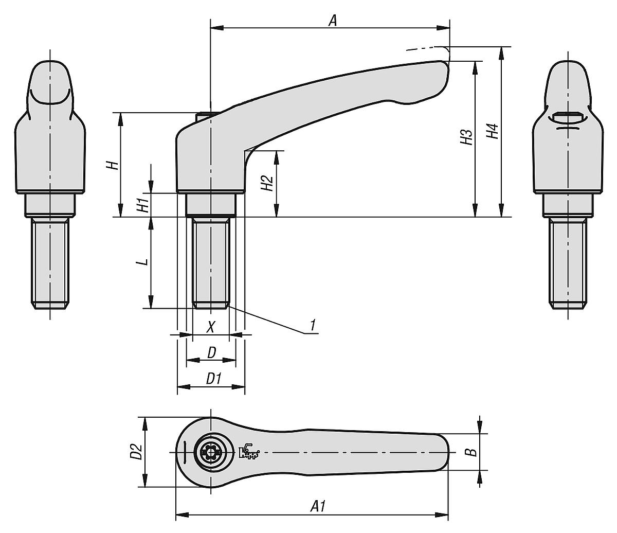 Kipp K0122.2101X30 KLEMMHEBEL GR.2  M10X30, GRIFFHEBEL SCHWARZ SEIDENMATT - K0122 Klemmhebel mit Aussengewinde - Massblatt
