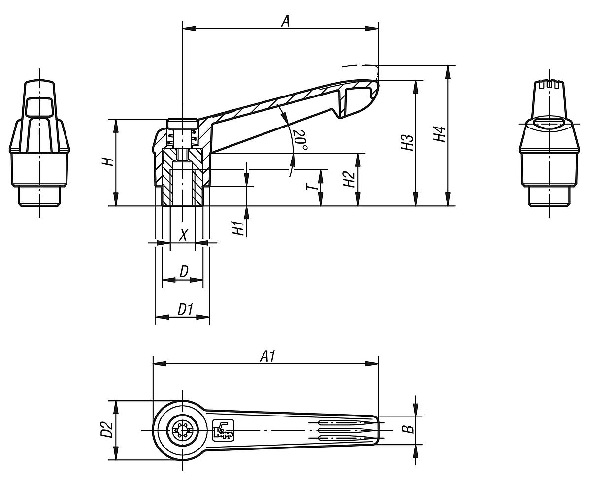Kipp K0270.41286 KLEMMHEBEL GR.4  M12          EDELSTAHL, GRIFFHEBEL SIGNALGRÜN - K0270 Klemmhebel mit Innengewinde und Kunststoffgriff - Stahlteile aus Edelstahl - Massblatt