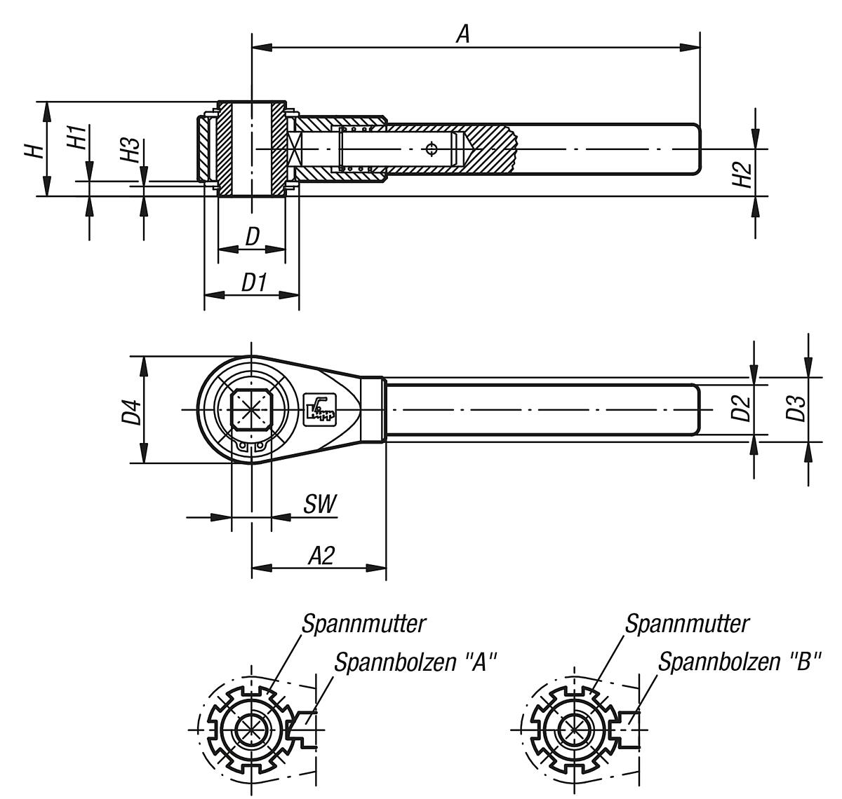 Kipp K0128.532 SPANNER GR.5  SW 32 - K0128-IV Spanner mit Innenvierkant - Massblatt