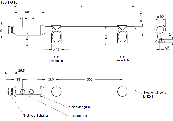 Leschhorn FG10-05.300.37  Funktionsgriffe A 300,  Griff mit 2 Taster u. Not-Halt - Zeichnung FG10 Maschinengriffe mit zwei Drucktastern