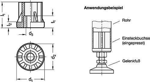 Ganter 448-D50,9-D47,9-M20 Einsteckbuchsen, für Rundrohre, Kunststoff - GN 448 Einsteckbuchsen - fuer Rundrohre - Kunststoff-Skizze