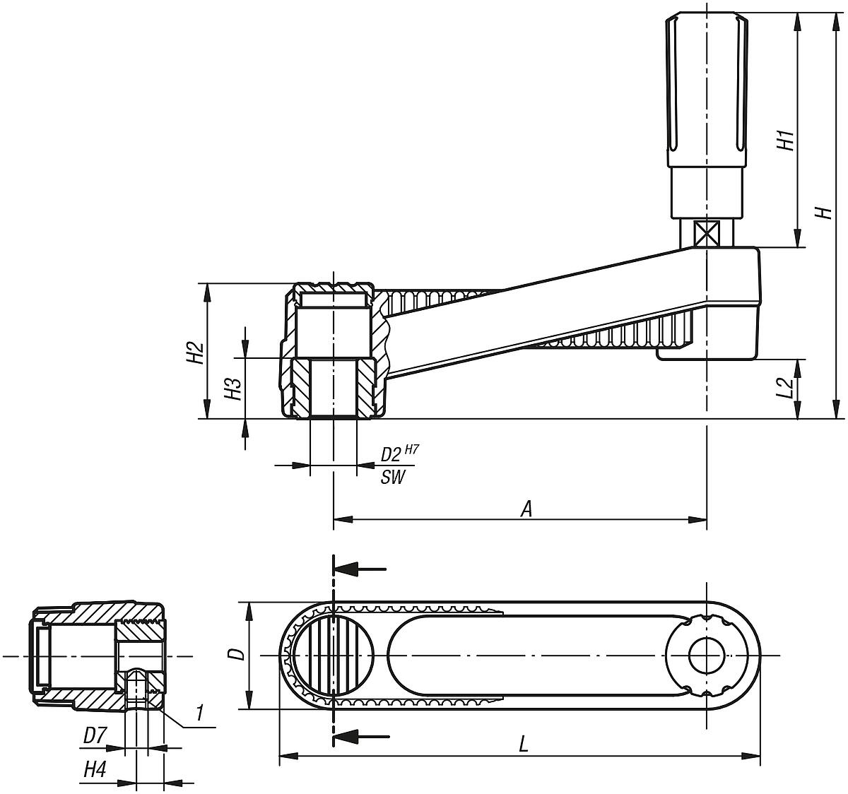 Kipp K0659.4210 NOVO.GRIP HANDKURBEL ZYL.GRIFF DREHBAR, GR.2, A=100, SW 10 - K0659-IV Handkurbeln mit Zylindergriff drehbar - Innenvierkant - Massblatt