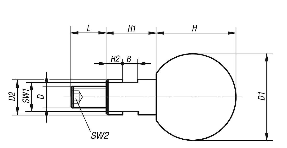 Norelem 06353-101 KUGELGRIFF DREHBAR D1=40 D=M10X14, DUROPLAST, KOMP:STAHL - NLM 06353-AG Kugelgriffe drehbar mit Aussengewinde - Massblatt