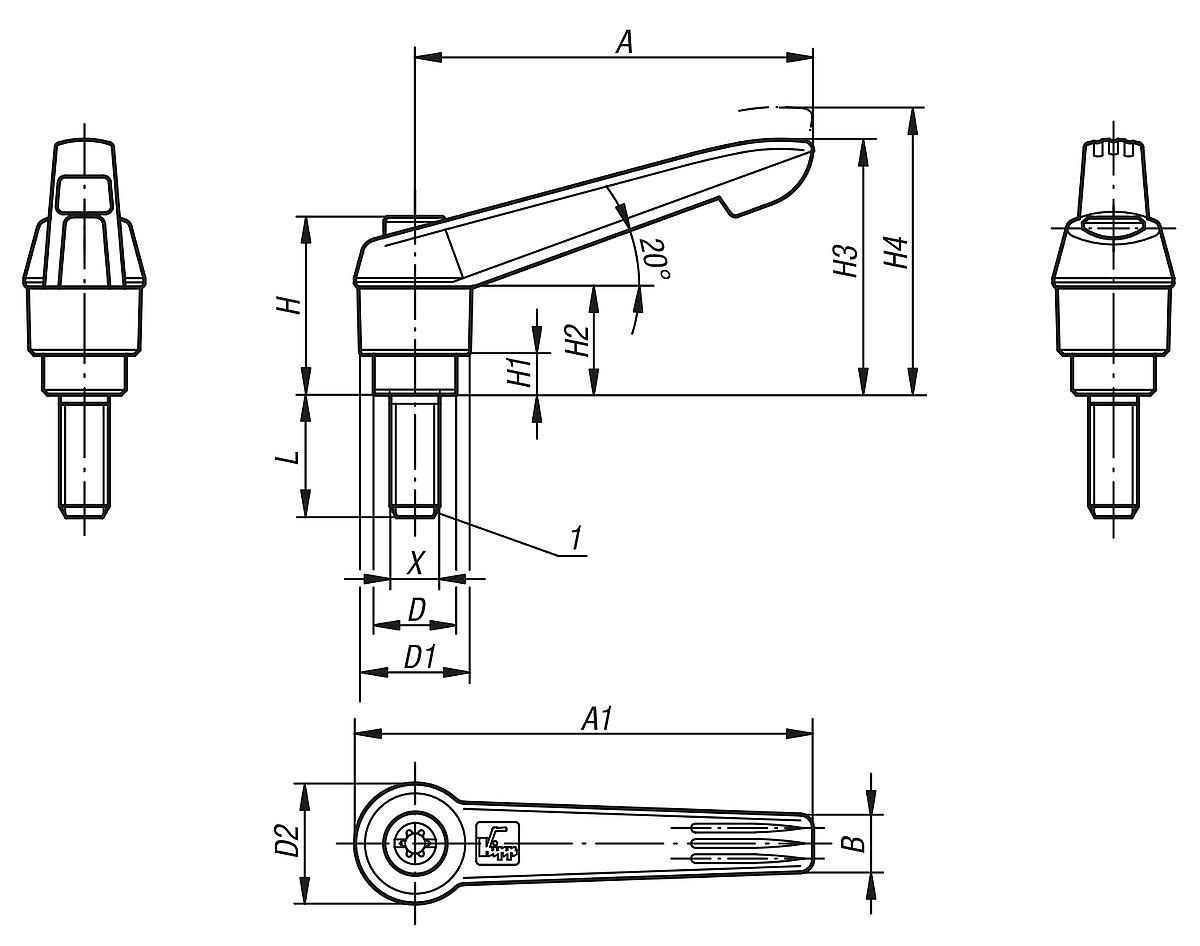 Norelem 06611-20686X60 KLEMMHEBEL GR.2  M6X60        EDELSTAHL, GRIFFHEBEL SIGNALGRÜN - NLM 06611 Klemmhebel mit Aussengewinde und Kunststoffgriff - Stahlteile Edelstahl - Massblatt