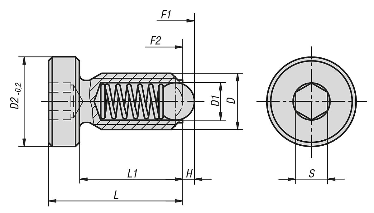 Norelem 03073-101 FEDERNDES DRUCKSTÜCK  M10     EDELSTAHL, MIT KOPF, INNENSECH - NLM 03073 Federnde Druckstuecke mit Kopf - Massblatt