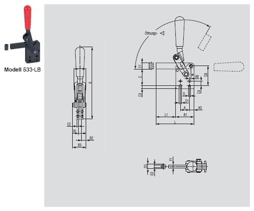 DESTACO 533-L Vertikal-Kniehebelspanner Haltekraft 7000 N, Öffnungswinkel 120° - 533-LB Vertikalspanner - massiver Spannarm - Fuss gerade