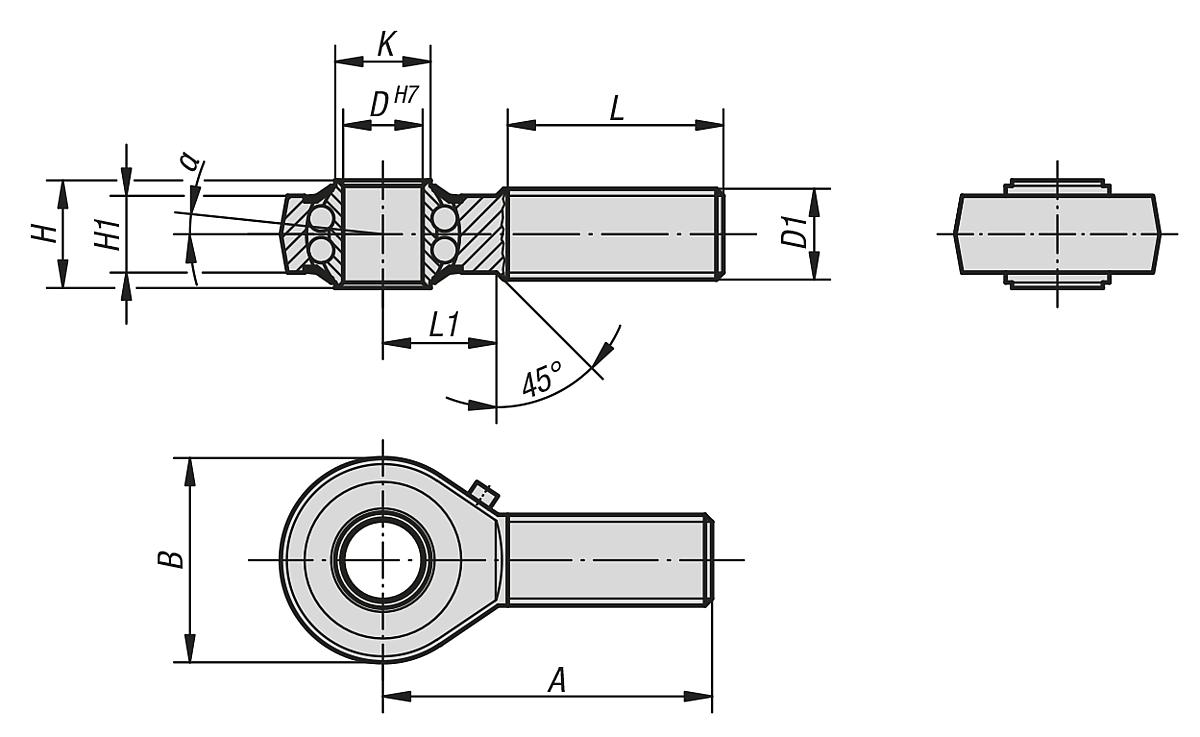 Norelem 27625-12 GELENKKOPF M. KUGELLAGERUNG RECHTS, D=12H7 - NLM 27625 Gelenkkoepfe mit Kugellagerung Aussengewinde - Massblatt