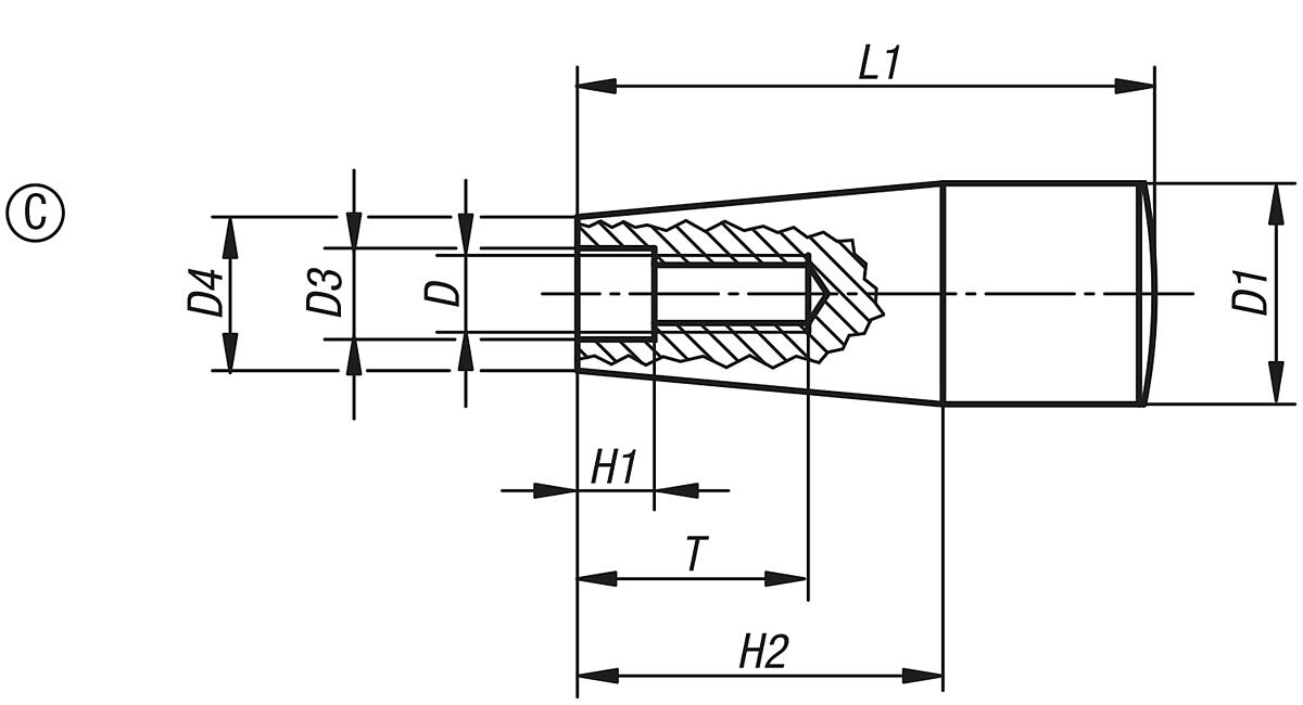 Kipp K0172.1081 KONUSGRIFF, FORM C, GR.2  M8, - K0172-C Konusgriffe mit Innengewinde Form C - Massblatt