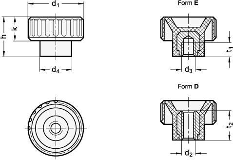 Ganter 590.5-16-M3-E  Rändelmuttern, Kunststoff, Buchse Edelstahl, Griffdurchmesser d1: 16, Gewinde d3: M 3, Form: E - mit Gewinde-Sackloch - GN 590-5 Raendelmuttern - Kunststoff - Buchse Edelstahl - Massblatt