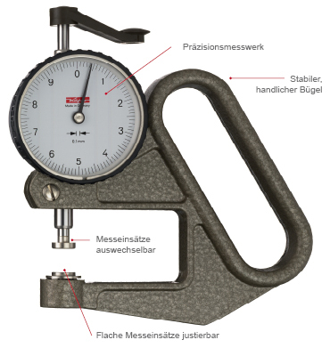 Leschhorn K50-5 Dickenmessgeräte Skalenteilungswert 0,1 mm, Messspanne 50 mm, Bügeltiefe 50 mm, 1 Zeigerumdrehung 10 mm, Messeinsatz Form A Ø30 mm plan - K50-5 Dickenmessgeräte Skalenteilungswert 0,1 mm, Messspanne 50 mm, Bügeltiefe 50 mm, 1 Zeigerumdreh