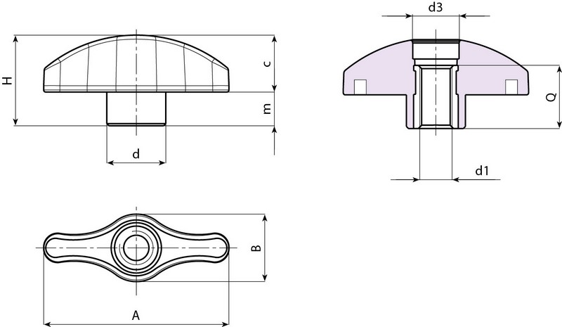 Leschhorn L806 Flügelmuttern  A 67; d 21; Gewinde d1 M12; Kunststoff PA, schwarz, - Boteco L806 Fluegelmuttern