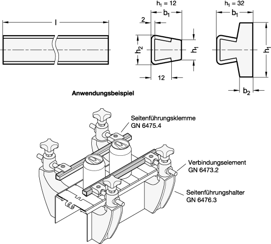 Ganter 6475-T-12-3000-18-PE  Seitenführungen, Kunststoff, Führungskontur flach, Nennmass h1: 12, Länge l: 3000, Breite b1: 18, 1 VPE= 2 Stück - GN 6475 Seitenfuehrungen - Kunststoff - Fuehrungskontur flach - Massblatt