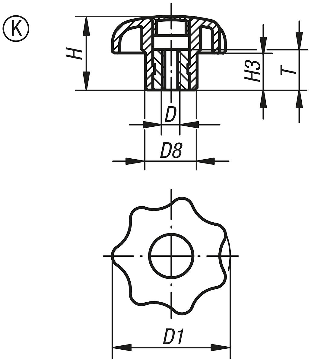 Kipp K0154.2125 STERNGRIFF D1=63  M12         EDELSTAHL, FORM K, DECKEL LICHTGRAU - K0154-K Sterngriffe aehnlich DIN 6336 Stahlteile Edelstahl - Innengewinde - Form K - Massblatt