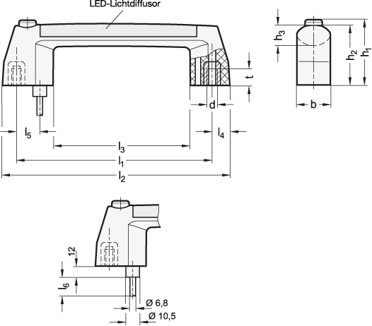 Ganter 6284-180-T-1-KU-2,5  Bügelgriffe, Kunststoff, mit elektrischer Schaltfunktion, LED beleuchtet, mit Kabel, Länge l1: 180, Kabellänge l6 (in Meter): 2.5, Form: T - mit Taster - GN 6284 Buegelgriffe-Kunststoff-elektrischer Schaltfunktion-LED beleuchtet-Kabel-Massblatt