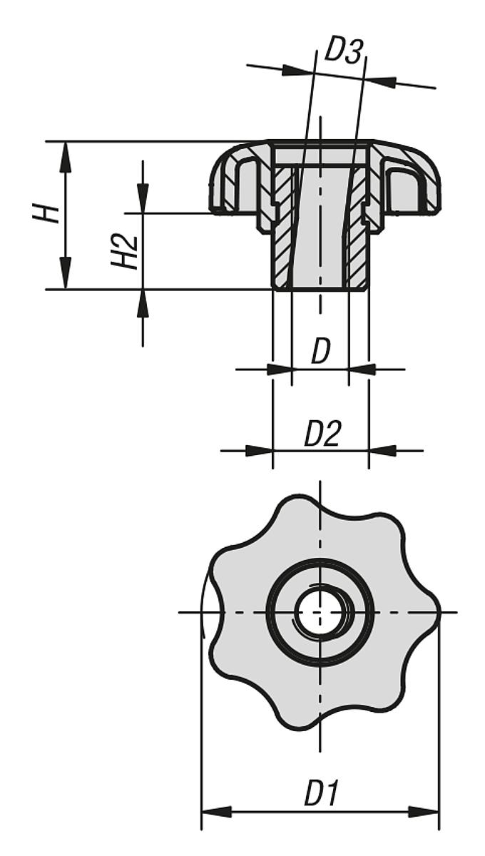 Kipp K0156.05 SCHNELLSPANN STERNGRIFF D1=25  M5, - K0156 Schnellspann Sterngriffe - Massblatt