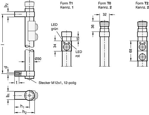 Ganter 331-200-EL-T0-2 ROHRGRIFF, GERADE, ELOXIERT, MIT "NOT AUS" - GN 331 Rohrgriffe mit elektrischer Schaltfunktion-Skizze
