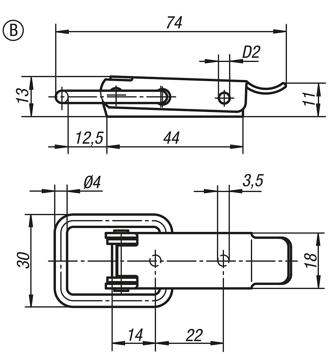 Kipp K0044.2350742 SPANNVERSCHLUSS MIT SPANNBÜGEL, FORM B, EDELSTAHL - K0044-SVB Spannverschluesse mit Spannbuegel Form B - Massblatt