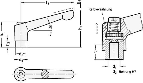 Ganter 300.1-45-M5-SZ VERST.KLEMMH., EDELSTAHL, SCHWARZ, SEIDENG - GN-300-1-Verstellbare-Klemmhebel-Zink-Druckguss-Buchse-Edelstahl-Skizze