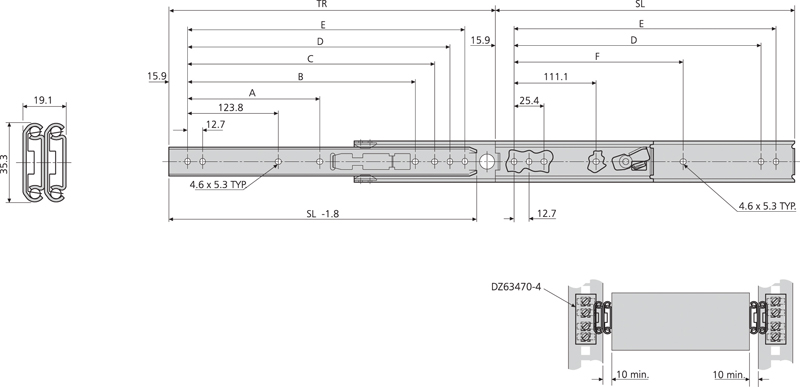 Accuride DZ0305-0018 Teleskopschienen 100% Überauszug, 19,1x35,3, SL 457, TR 479,5, 70kg, hell verzinkt - 0305 Accuride Teleskopschiene technische Zeichnung
