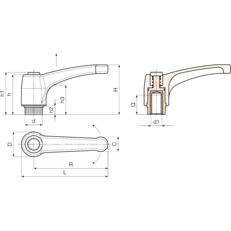Leschhorn A582 verstellbare Klemmhebel  R 80; Innengewinde M8; Hebel orange;  Knopf schwarz - LE A582 Verstellbare Klemmhebel - Innengewinde - Kunststoffgriff-Skizze