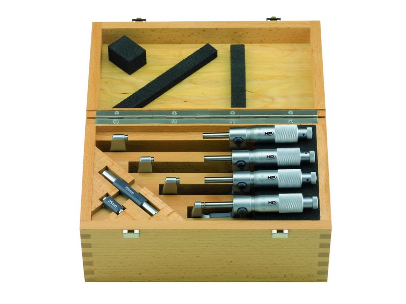 Helios Preisser, 0806 542  Bügelmesschraube im Satz  100-200 mm Messbereich, Spindel-ø 6,5 mm, Messtrommel-ø 20,5 mm, 17,5 mm Steigung, 4 Messschrauben im Satz, Einstellmaß 25 mm + 75 mm bzw. 125 mm + 175 mm, Verpackung: Holzetui - Helios Preisser 0806 Buegelmesschraube im Satz