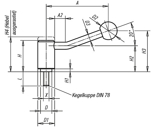 Kipp K0108.1081X15 SPANNHEBEL GR.1, M8X15,  20?, - KIPP K0108-20 Spannhebel mit Aussengewinde - 20 Grad