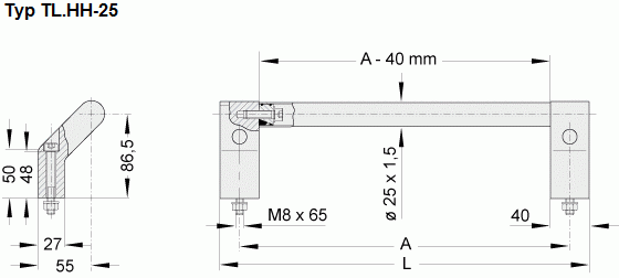 Leschhorn TL.HH-25.600.37   Rohrgriffserie A 600,  Schenkel natur / Rohr Edelstahl Technical Line - Leschhorn TL-HH Rohrgriffserie -Technical Line- Typ TL-HH-25 Zeichnung
