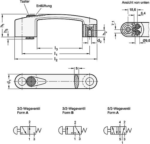 Ganter 628.5-132-5/2-A Bügelgriffe, Kunststoff, mit pneumatischer Schaltfunktion - GN 628-5 Buegelgriffe - Kunststoff - mit pneumatischer Schaltfunktion-Skizze