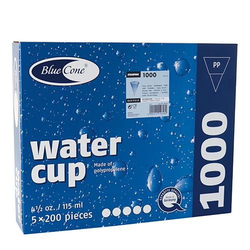 Papstar 19618 PAPSTAR Becher Blue Cone, Einweg, PP, spitz, 115 ml, blau, transparent, 1VPE= 1000 Stück - PAPSTAR 19618 Spitzbecher 115 ml aus blauem Kunststoff -Blue Cone--Verpackung