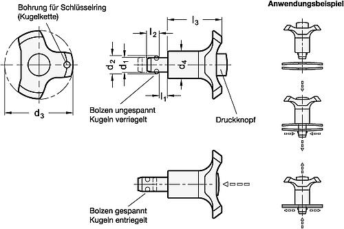 Ganter 113.1-10-0 KUGELSPANNBOLZEN M. KLEMMLÄNGENAUSGLEICH - GN 113-1 Kugelspannbolzen mit Axialsicherung-Skizze