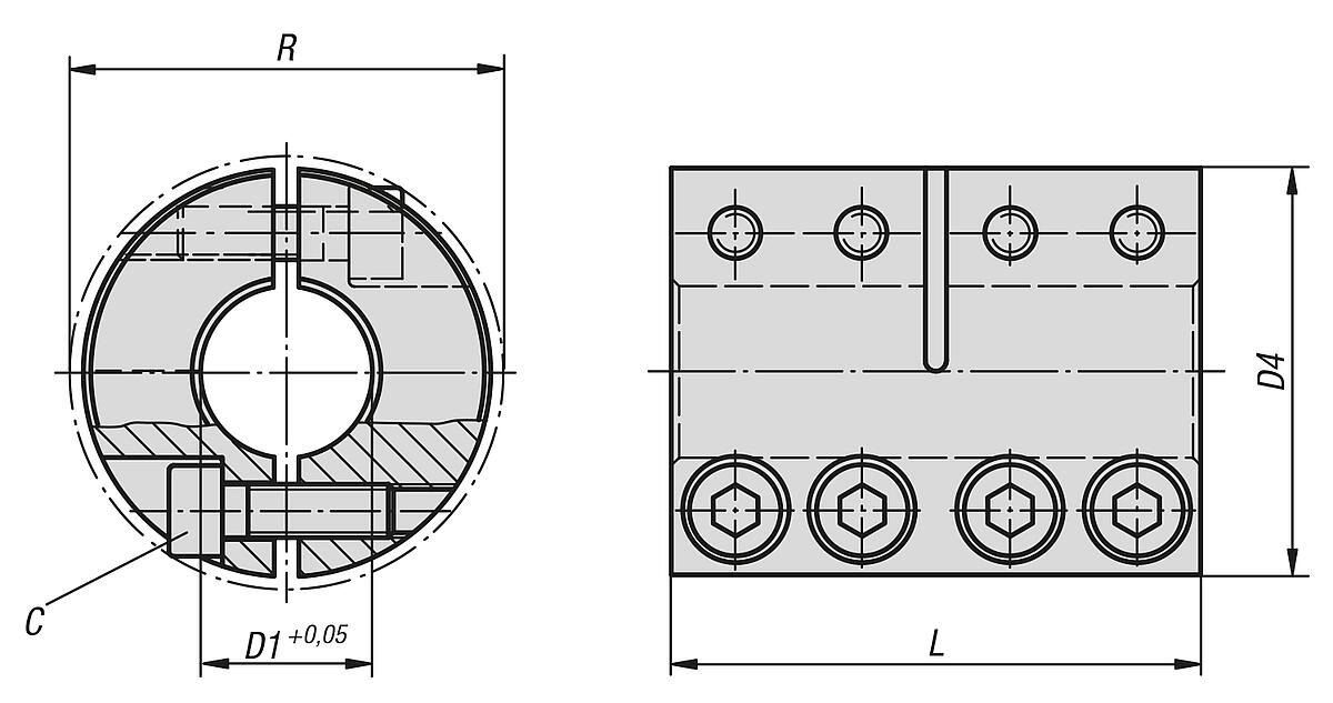Norelem 23052-2200 STARRE KUPPLUNG GETEILT, EDELSTAHL, D1=20 - NLM 23052 Starre Kupplungen geteilt - Massblatt