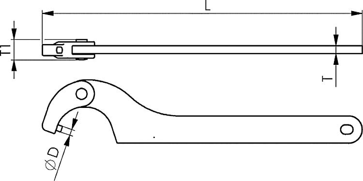 AMF 776C-16-22x2,5 Gelenk-Hakenschlüssel mit Zapfen, Industrieausführung, Größe : 16-22, ØD: 2,5, L: 135 - LE 776C Gelenk-Hakenschluessel mit Zapfen - Industrieausfuehrung-Skizze