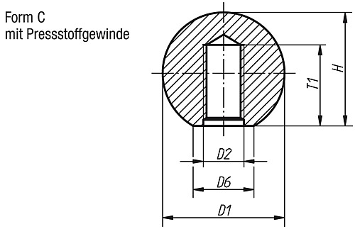 Kipp K0159.11604 KUGELKNOPF D1=16  M4, FORM C, DUROPLAST - KIPP K0159-C Kugelknoepfe glatt DIN 319 erweitert F
