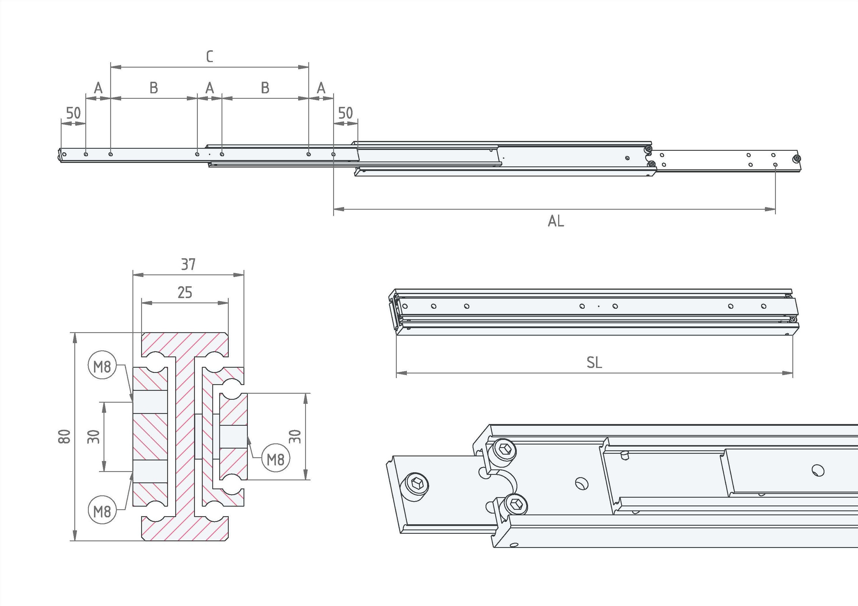 Leschhorn HPTCU 8037-0300-GG-ST Hochpräzise Schwerlast-Teleskopschienen, TC-Profil 80x37, Überauszug 150%, A=450, GG: Gewinde M8/Gewinde M8, Lastwert 290kg, Stahl verzinkt - LE HPTCU-8037 Technische Zeichnung