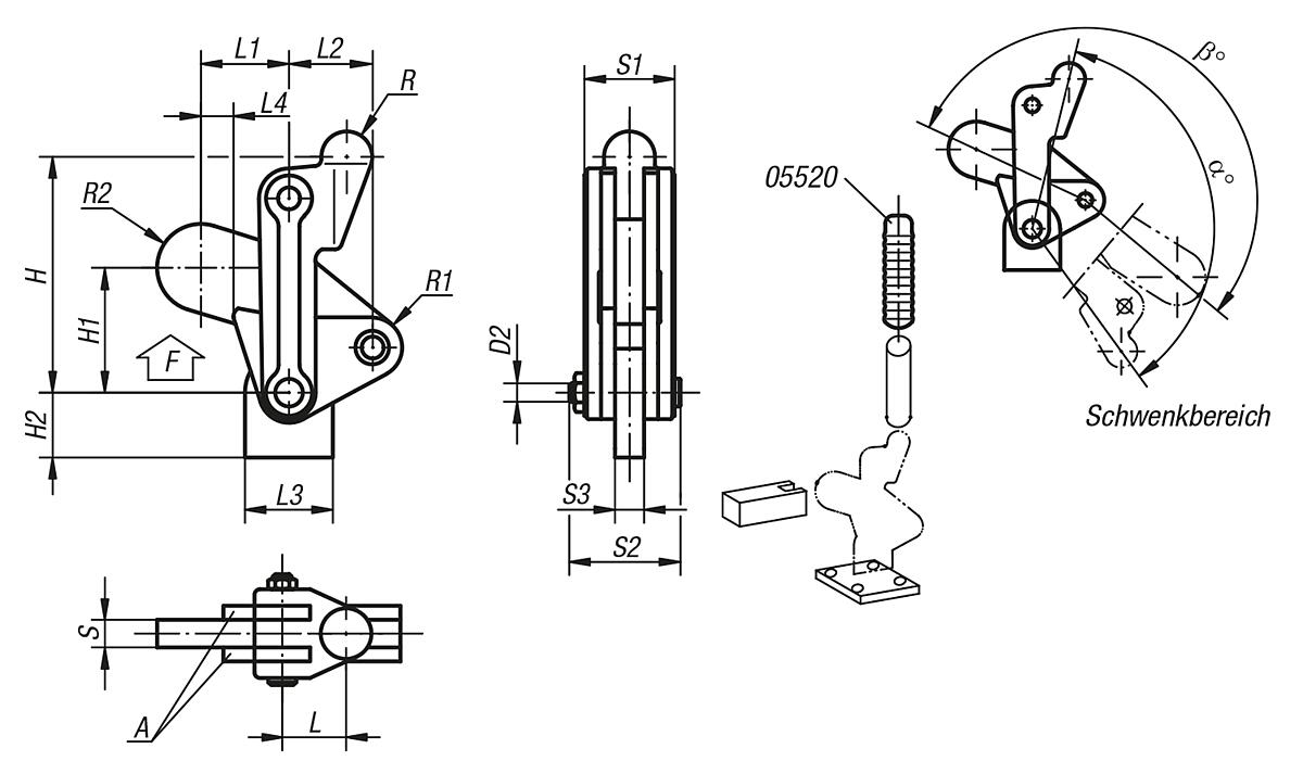 Norelem 05420-04 SCHNELLSPANNER, MIT GERADEM FUSS, SCHWERE AUSFÜHRUNG - NLM 05420 Schnellspanner schwere Ausfuehrung  gerader Fuss - Massblatt