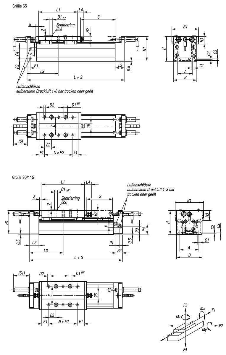 Norelem 20200-1065X0500 PORTALMODUL PNEUMATISCH, MIT SCHIENENFÜHRUNG, GR.65, C=500 - NLM 20200 Portalmodule pneumatisch mit Schienenfuehrung - Massblatt