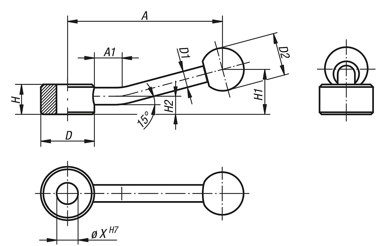 Kipp K0177.124 SCHALTGRIFF FLACH GR.3, PASSBOHRUNG 24H7 - K0177-PB Schaltgriffe flach mit Passbohrung - Massblatt